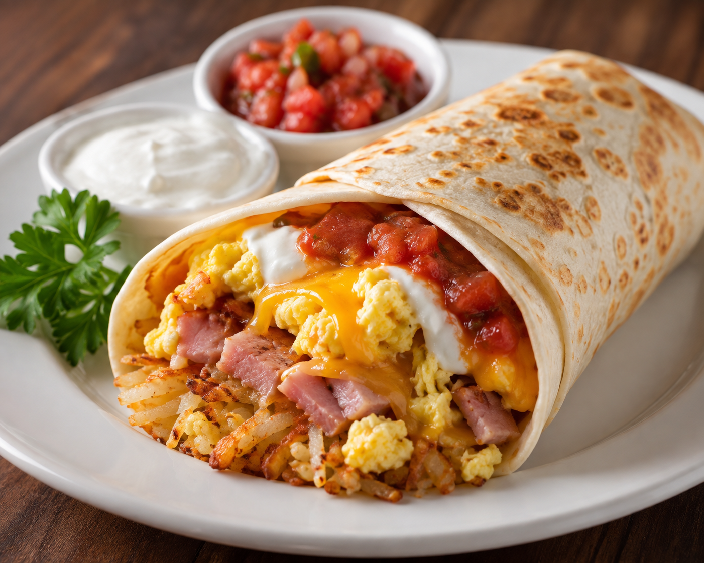 Breakfast wrap filled with scrambled eggs, ham, hash browns, cheese, salsa, and sour cream