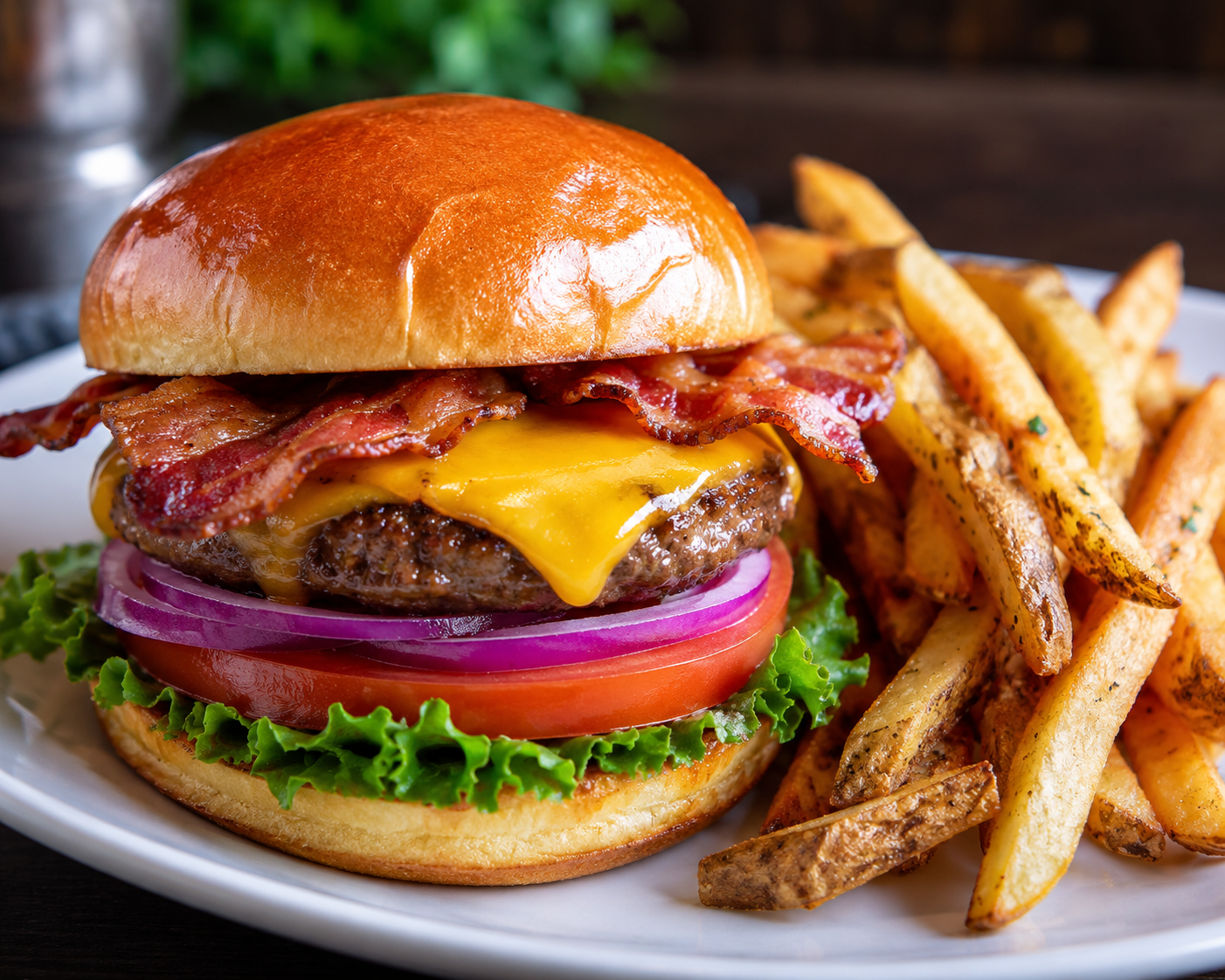 Trimana burger with bacon, cheese, lettuce, tomato, and fries