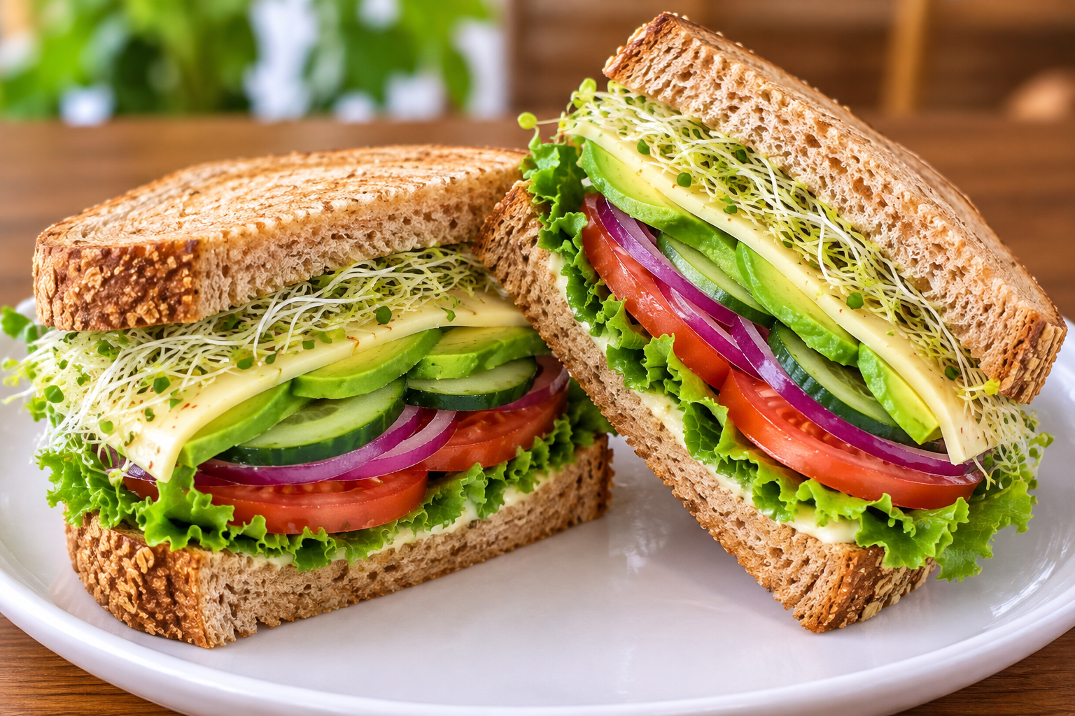 Fresh deli sandwich with avocado, tomato, red onion, cucumber, sprouts, and lettuce on whole wheat bread