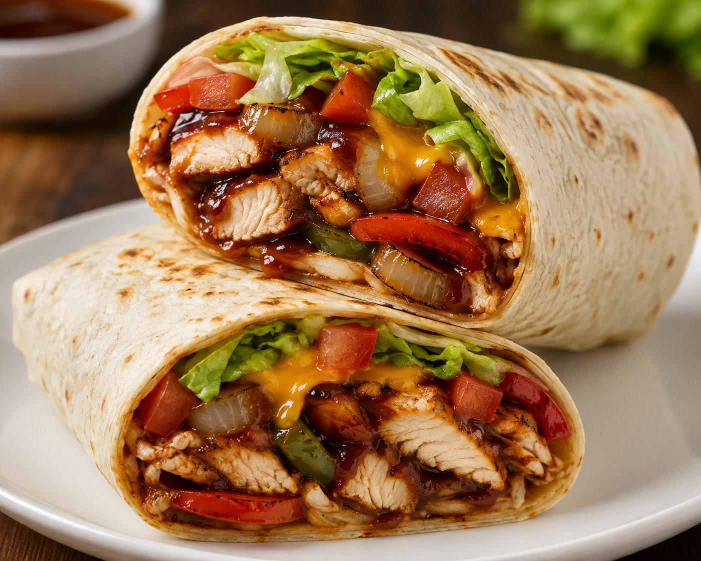 Grilled chicken wrap with BBQ sauce, peppers, onions, tomato, lettuce, and melted cheese
