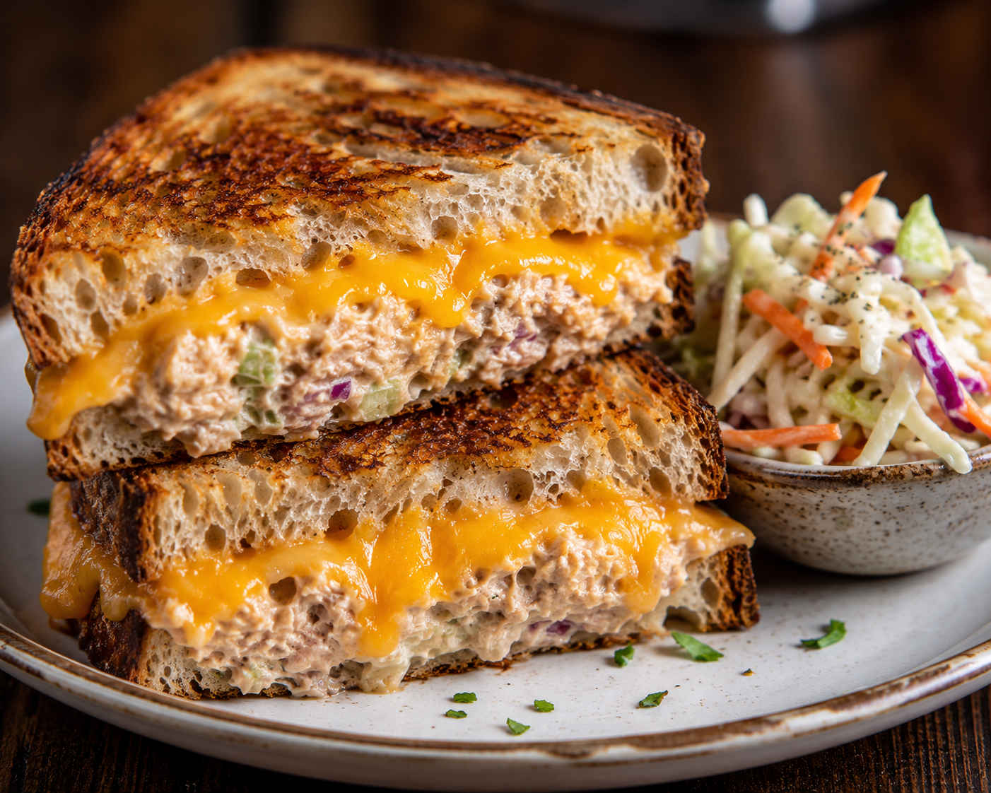 Grilled tuna melt sandwich with melted cheddar and coleslaw side