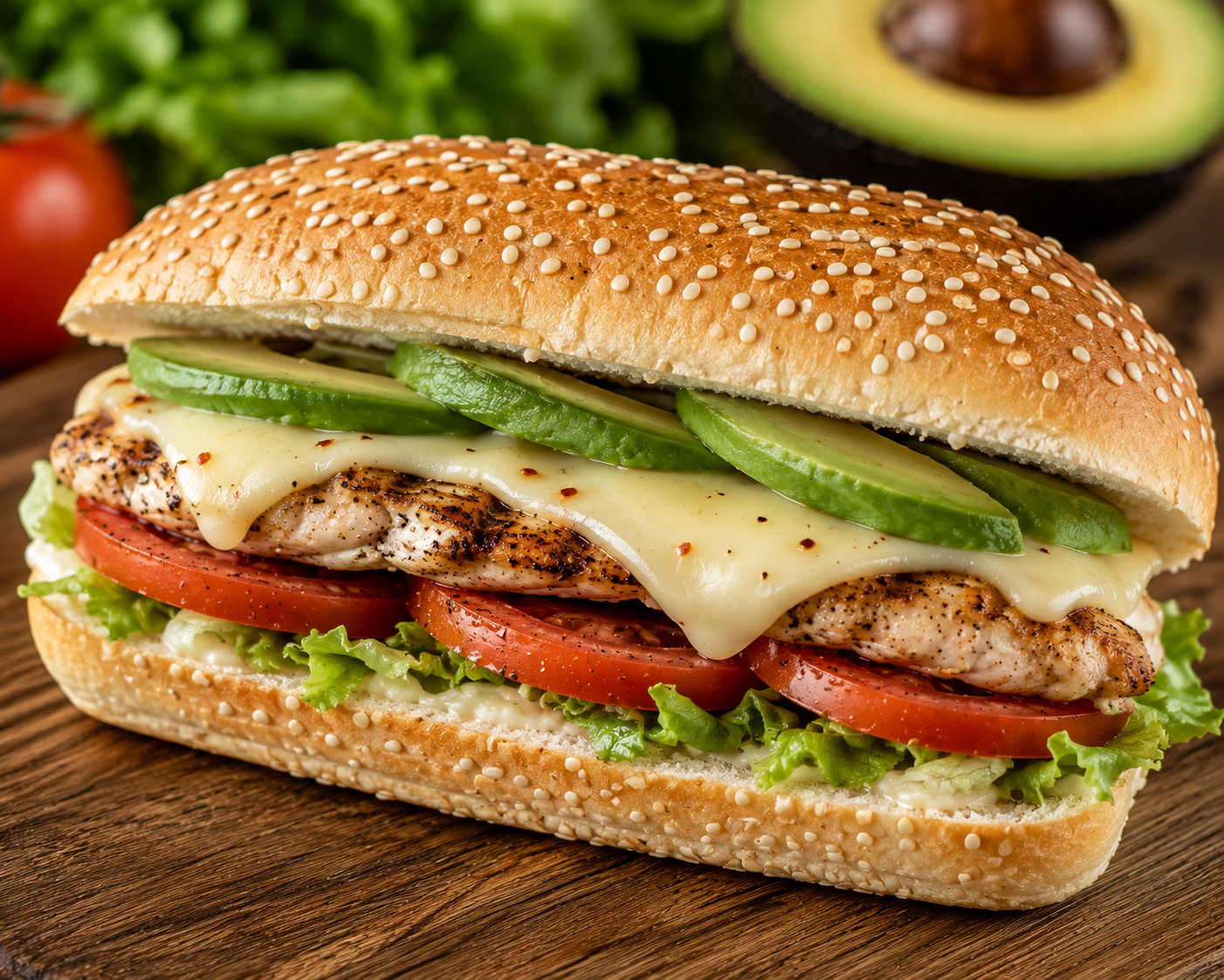 Grilled chicken sandwich with avocado, tomato, lettuce, and melted cheese